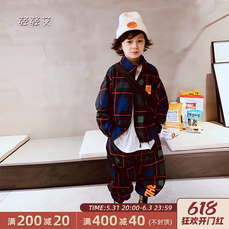 130140CM Homemade Children's Plaid Sports Suit Spring Boy Tide Card Two Sets New