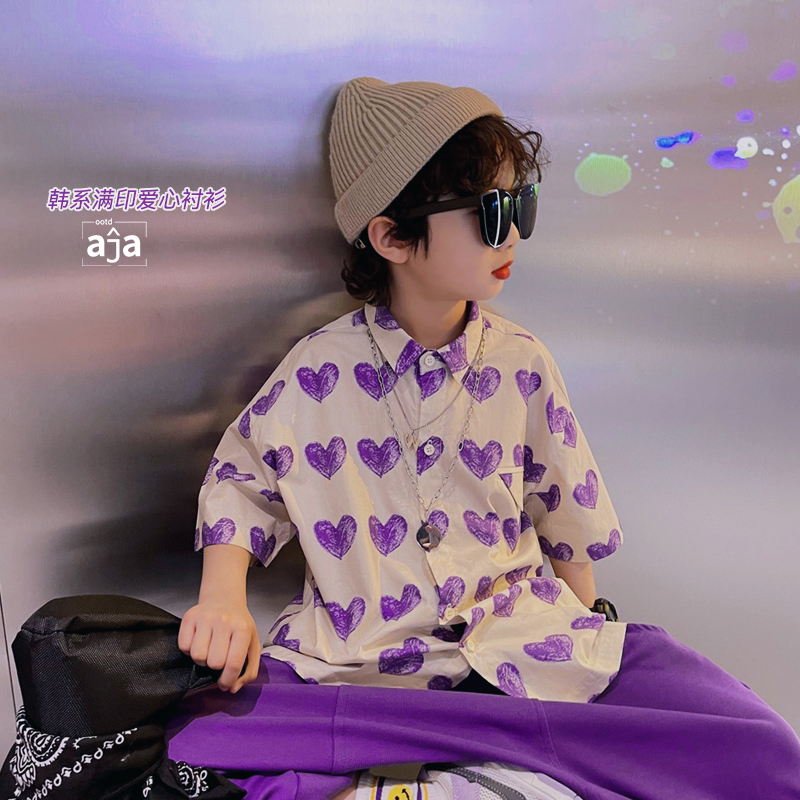 145 children short sleeve shirt boy Summer thin Korean version of the Korean version turned over the love trend shirt