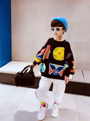 Xiaoai 2021 spring boys sweater children's new Korean version of the foreign school middle and large children's splicing pullover tide brand