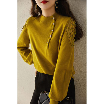2022 new spring and autumn half turtleneck sweater women's long-sleeved French metal breasted lace stitching bottoming shirt top