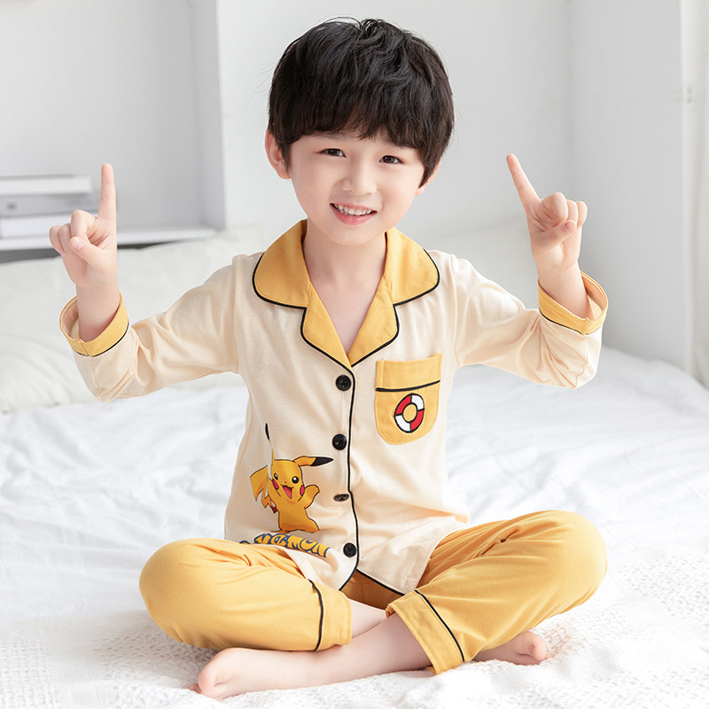 Children's spring and autumn pajamas boy XL baby cotton long-sleeved home clothes Pikachu cartoon animation suit