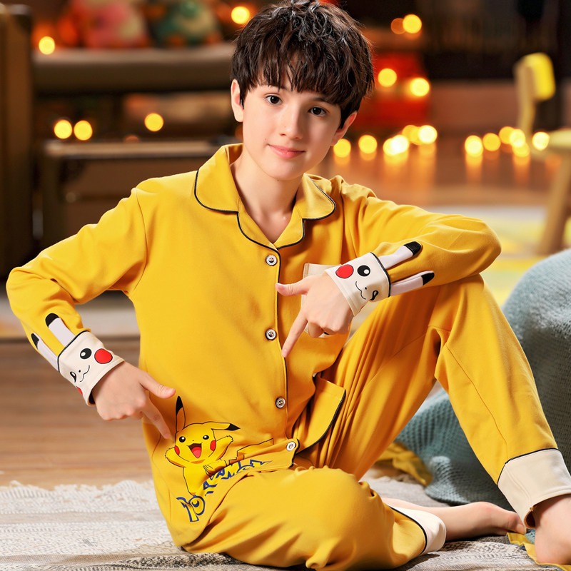 Boys pajamas cotton long-sleeved spring autumn winter middle-aged boy student cartoon children Pikachu cartoon suit