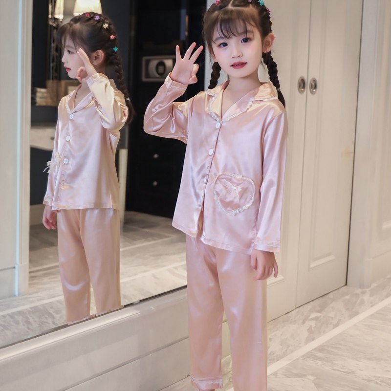 Simulation silk children's pajamas large size children's long sleeve baby girl ice silk spring and autumn silk suit home clothing