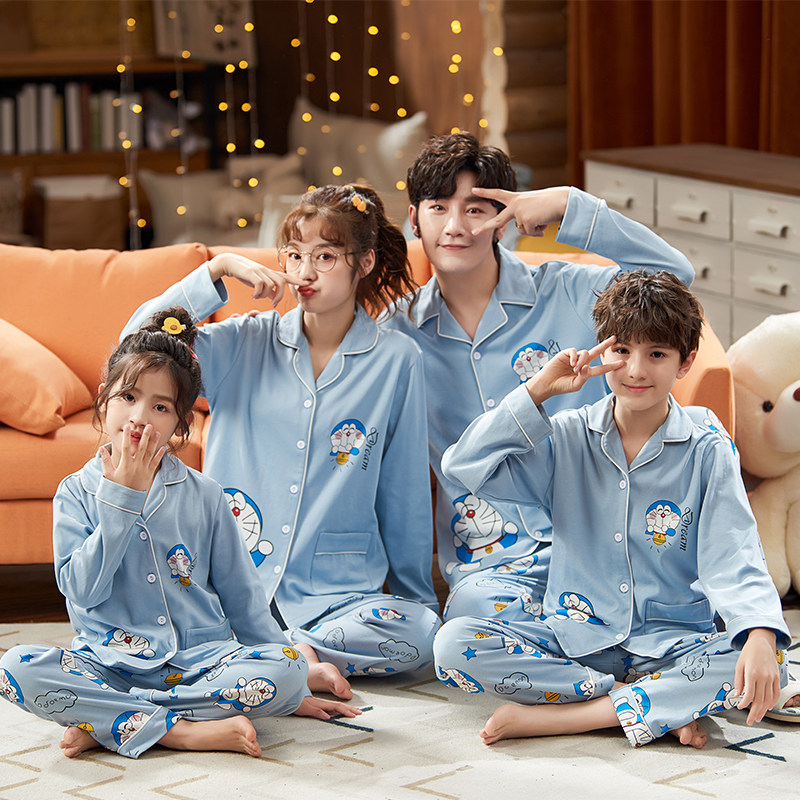 Children's jingle cat baby parent-child pajamas a family of three pure cotton spring and autumn long-sleeved mother and daughter boy home service suit