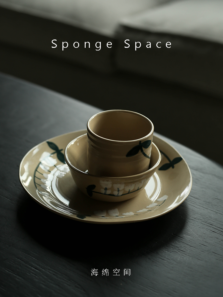 Sponge Space Retro Draw Linglan Ceramic Tableware Package Handmade Dish Small Bowls with handheld teacups