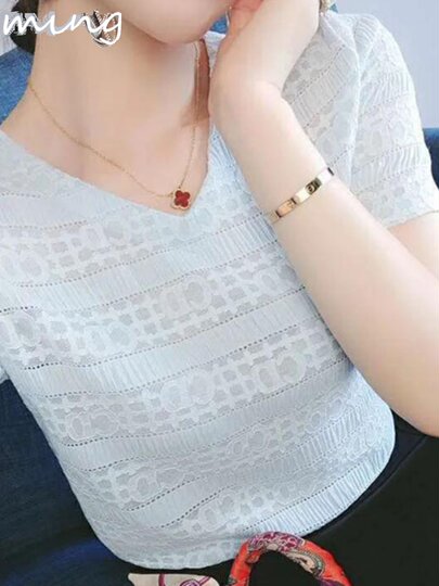 Kurzarm-T-Shirt für Damen 2026 Frühling und Sommer neues schlankes und vielseitiges lockeres Chiffon-Hemd mit Spitzentemperament und Hemdoberteil mit V-Ausschnitt
