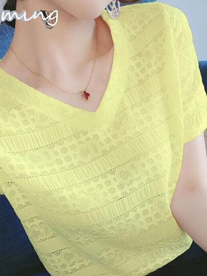Kurzarm-T-Shirt für Damen 2026 Frühling und Sommer neues schlankes und vielseitiges lockeres Chiffon-Hemd mit Spitzentemperament und Hemdoberteil mit V-Ausschnitt