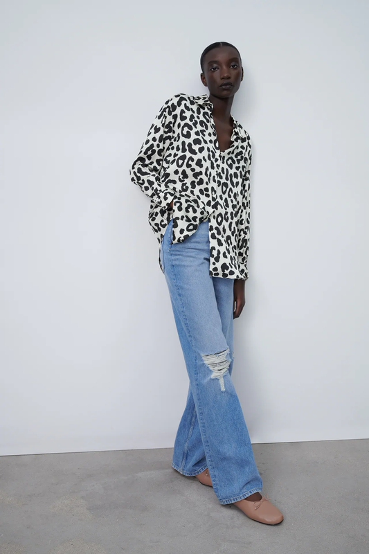 Za Spring and Summer New Loose Leopard Print Animal Print Silk Satin Texture Drape Shirt for Women 02535308064