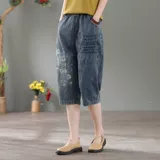 Джинсовые тонкие штаны, большой размер, эластичная талия, с вышивкой, высокая талия, свободный крой