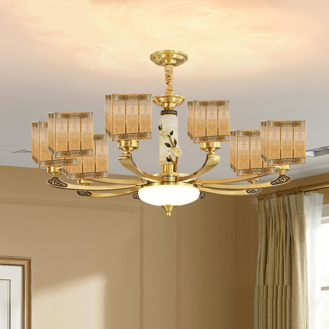 All copper living room lamp led bedroom light luxury circular chandelier dining room hall staircase Nordic lamps