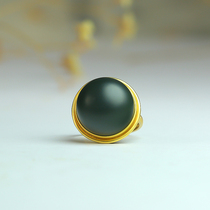 Brother Beard Jewelry Hetian Jade Pagoda Green First Class Extra Fine Black Green Small Steel Cannon Perfect Round Ladies Ring 18K Gold Inlaid