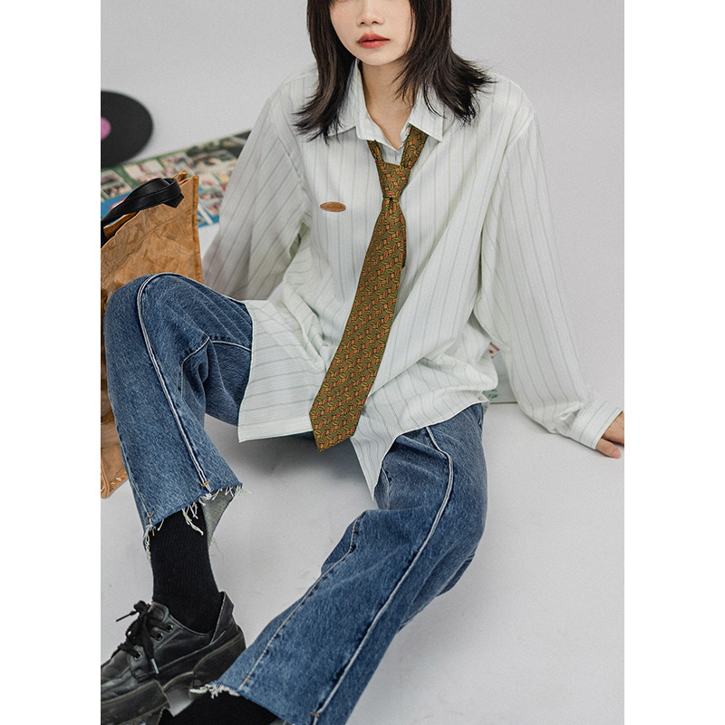Striped Shirt Woman Retro Day Ensemble Loose lazy blouse small crowdboard lattice button Long Sleeve Casual Stack Wearing Shirt