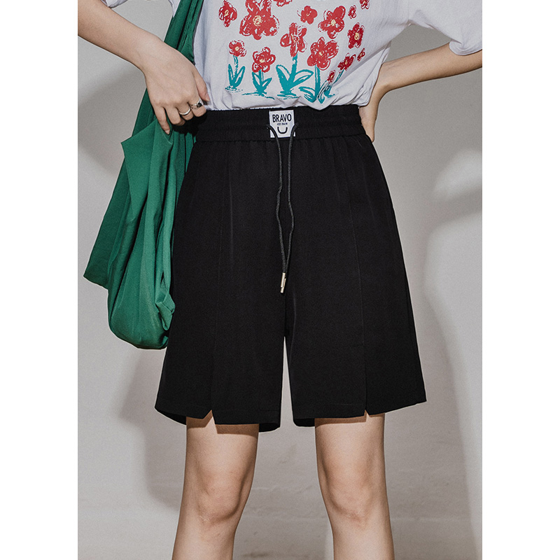 High waist open slit for casual 50% Pants Woman Summer Black Tightness Waist Pumping Rope Loose slim fit straight cylinder 50% pants