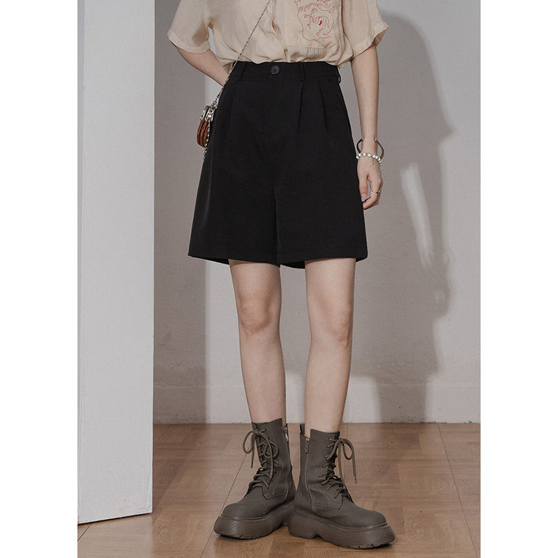 Suit 50% pants woman black high waist display slim asymmetrical loose wide leg casual shorts Jane about 100 lap 50% pants