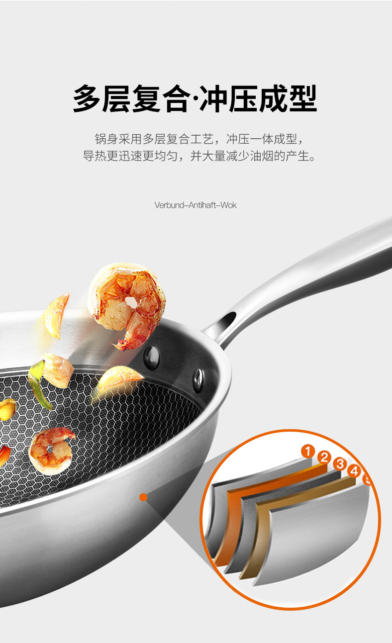 KBH 康巴赫  无油烟蜂巢304不锈钢不粘锅 32cm 图4