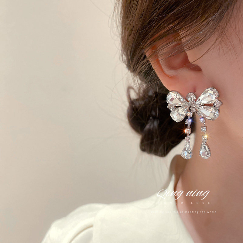 (Lime acc) tassel earrings summer new super fairy shiny bow rhinestone earrings cold wind earrings