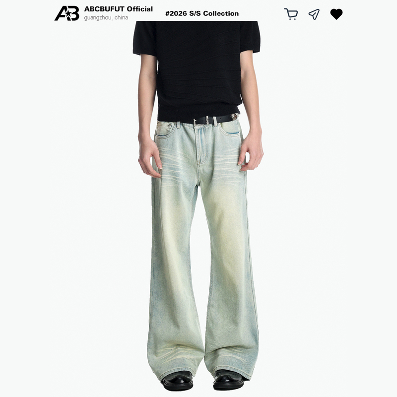 Abcbufut American Retro Washed Distressed Whiskered Jeans Cleanfit Unisex Loose Flared Long Pants Trendy