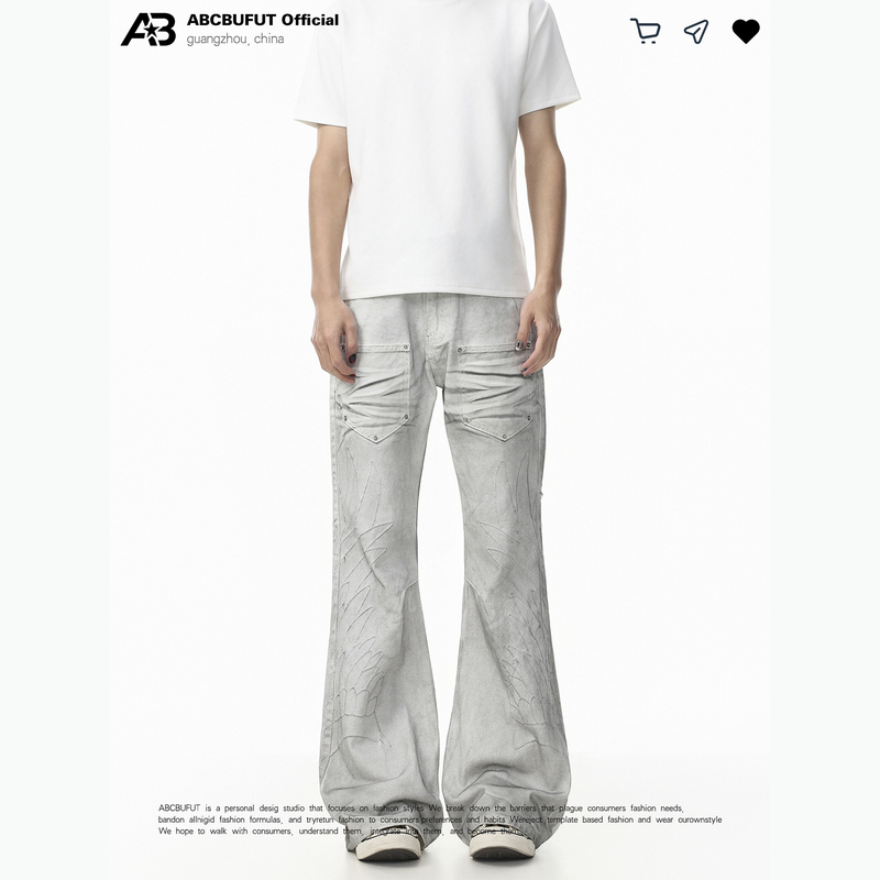 Abcbufut Light Asian Style Spray-Painted Dirty-Dyed Embroidered Angel Wings Jeans for Men and Women with Distressed Rivet Design Long Pants