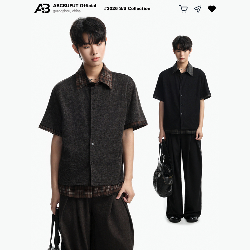 Abcbufut American Retro Style Pattern Patchwork Shirt Men's Short-Sleeved Old Money Style Loose Casual Shirt