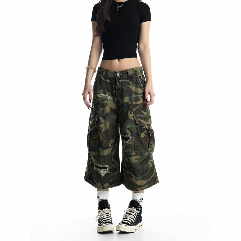 Abcbufut American Retro Camouflage Cropped Pants for Men and Women, Summer Ripped Multi-Pocket Loose Cargo Pants with a Sense of Design Abcbufut American Retro Camouflage Cropped Pants for Men and Women, Summer Ripped Multi-Pocket Loose Cargo Pants with a Sense of Design