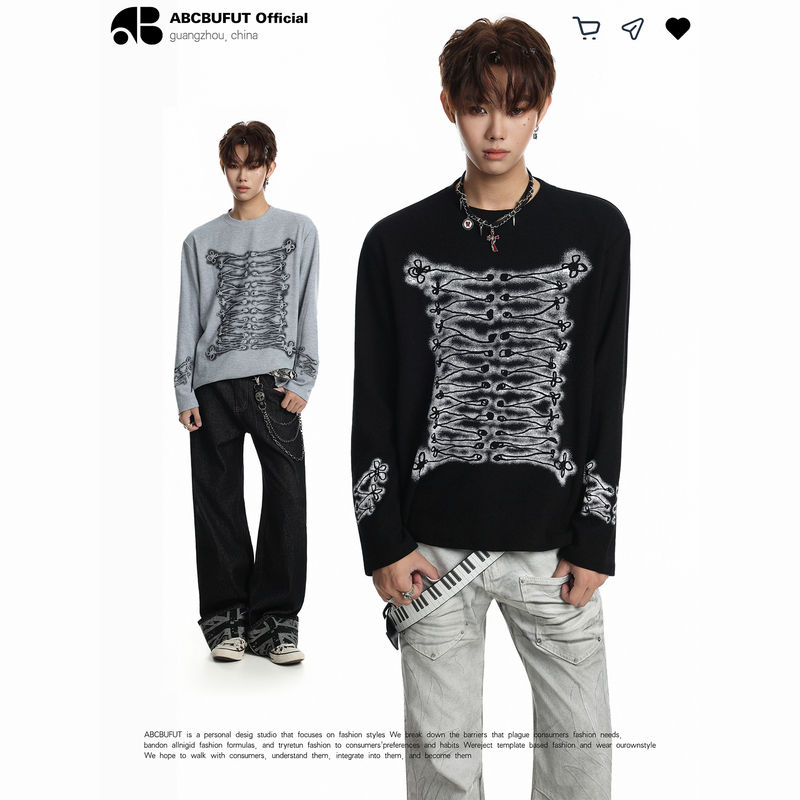 Abcbufut Waffle Palace-Style Napoleon Double-Breasted Corduroy Printed Long-Sleeve T-Shirt for Men and Women, Autumn Top