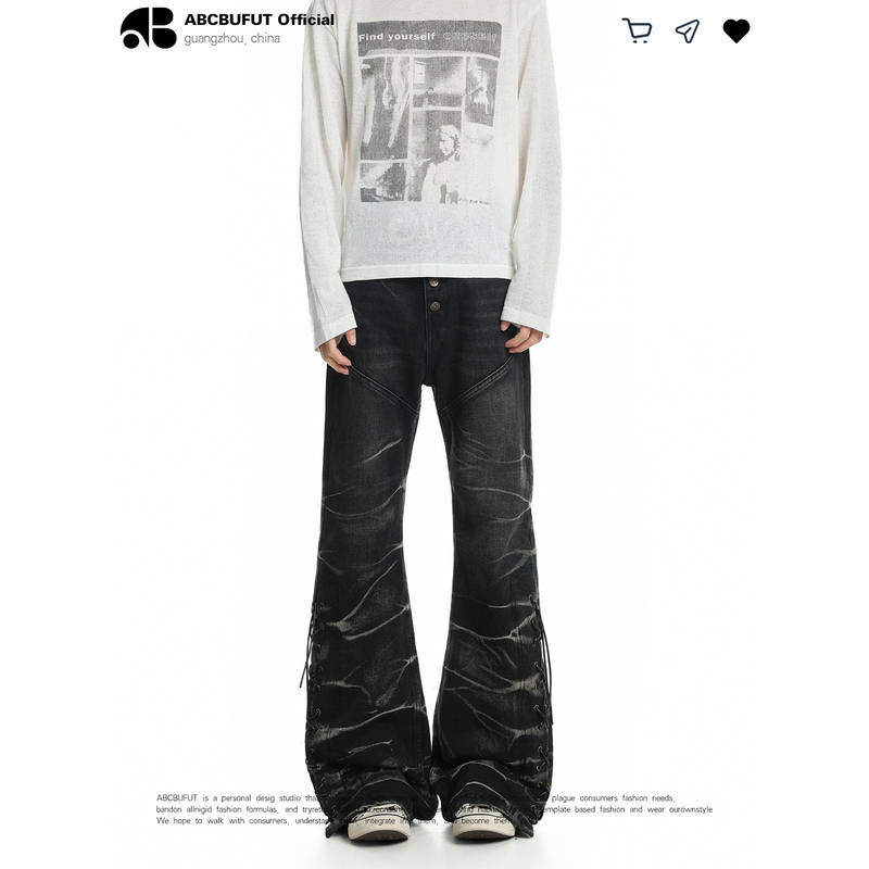 Abcbufut Light Dark Street Style Heavy-Duty Tornado Lightning Pattern Flared Jeans with Woven Strap Design Trendy