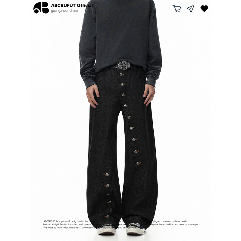 Abcbufut Dark Style Diagonal Button Raw Denim Jeans Unisex Straight Pants Black Casual High-Waisted Street Long Pants Abcbufut Dark Style Diagonal Button Raw Denim Jeans Unisex Straight Pants Black Casual High-Waisted Street Long Pants