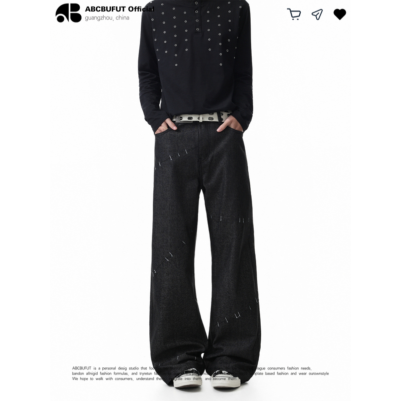 Abcbufut American Retro Style Studded Black Jeans for Men and Women, Loose Fit, Slightly Flared, Unique Design Long Pants