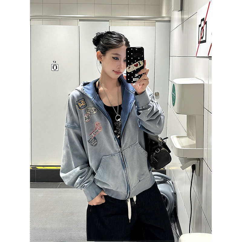 Explosive Candy American Retro Washed Distressed Ripped Trendy Hooded Sweatshirt Unisex Trendy Brand Loose Cardigan Jacket Autumn