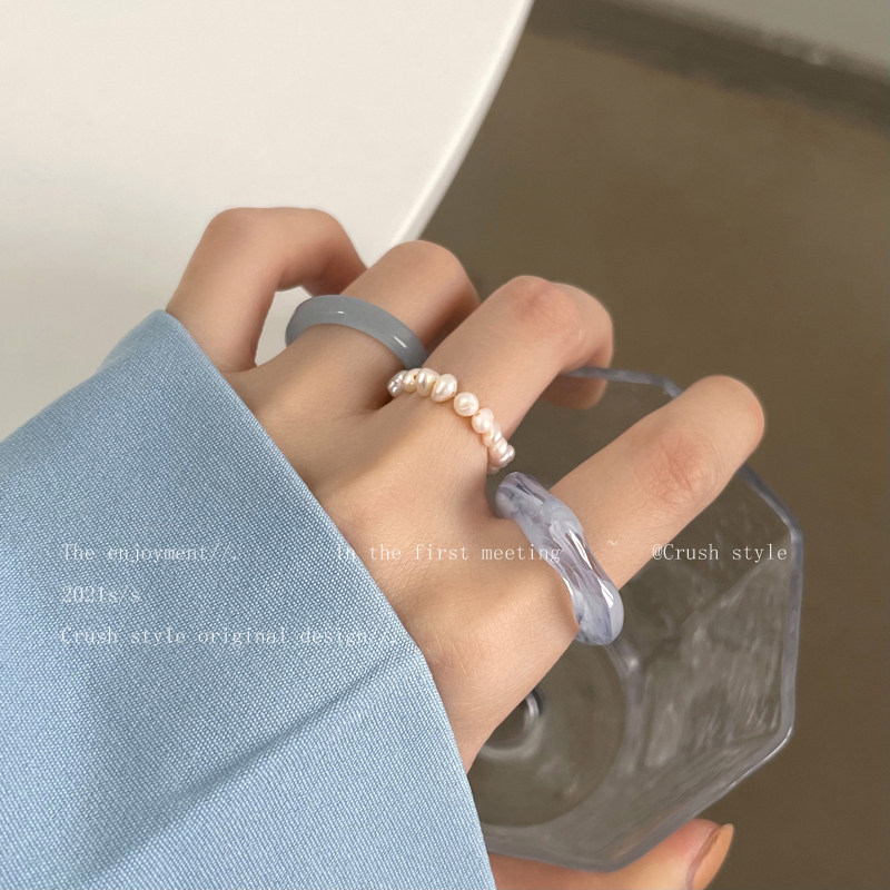 Blue Acetic Pearl Ring Set Woman Korean in Tide Fashion Personality Ring Combined Not With Colored Indy Ring