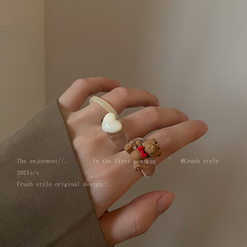 Cute three-dimensional bear heart ring female Japanese style simple temperament sweet creative joint ring fashion girl ring