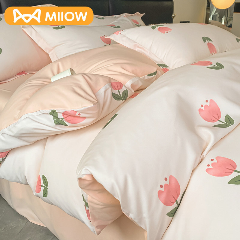 Cat human heather four pieces of ice silk quilt cover silk slip naked sleep summer light extravagant high-grade sense sheet bed three sets 4-Taobao