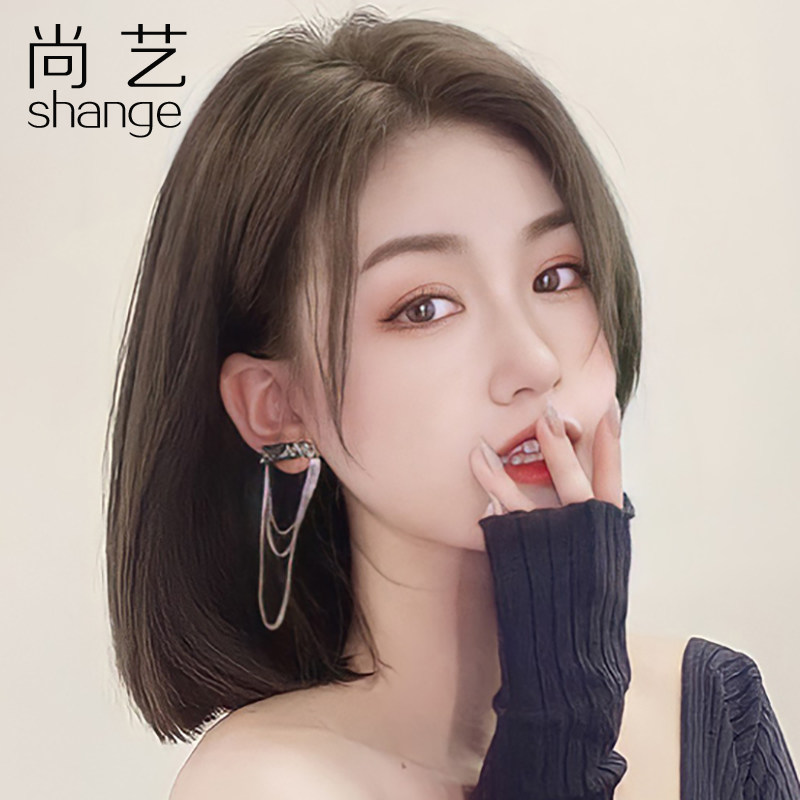 Wig short hair women's middle and long hair parted bobo lace wig set female real hair full real hair natural full headgear