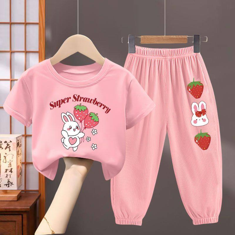 girls cartoon cotton t shirt and ice silk pants two piece summer outfit set
