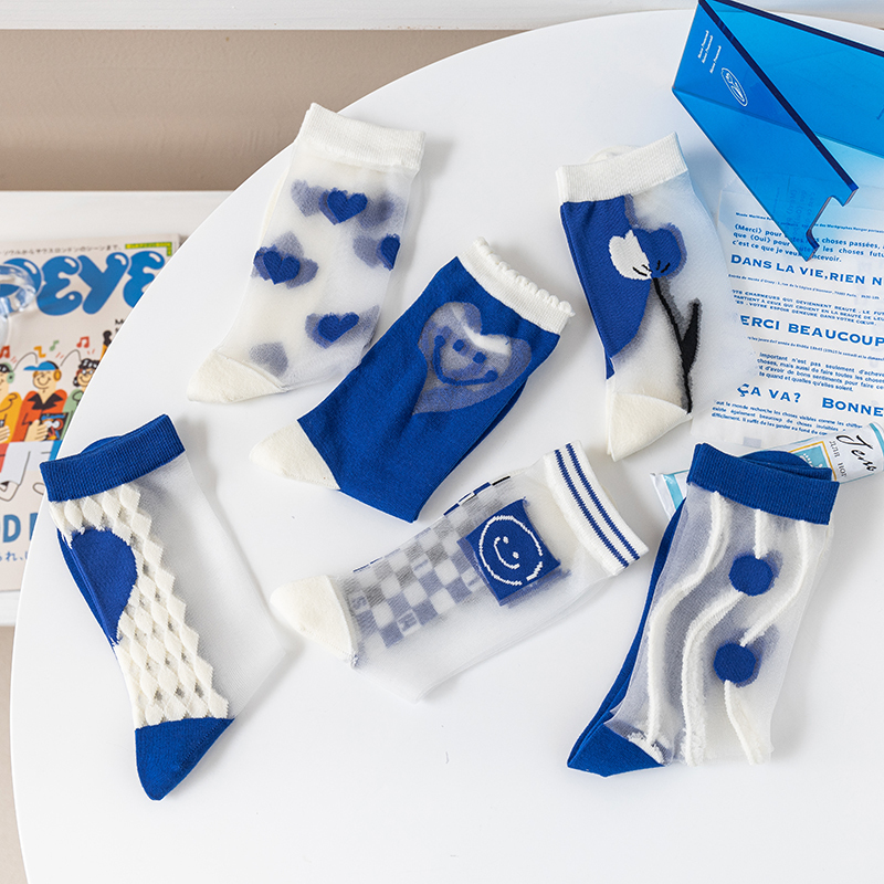 Klein Blue Crystal Glass Stockings for Women ins Spring and Summer Thin Style Cute Smiley Face Heart Pure Cotton Bottom Mid-Calf Socks Klein Blue Crystal Glass Stockings for Women ins Spring and Summer Thin Style Cute Smiley Face Heart Pure Cotton Bottom Mid-Calf Socks