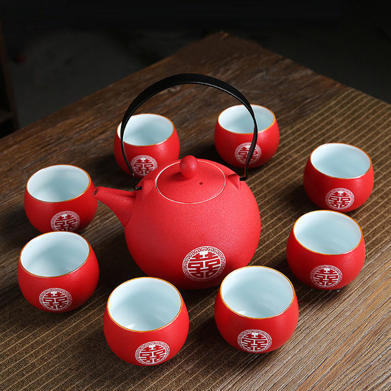 Double Happiness Lifting Beam Pot Wedding Toast Tea Household Tea Cup Wedding Gift Companion Wedding Red Kung Fu Tea Set
