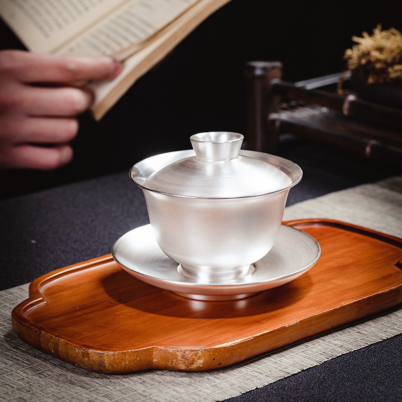 Handmade Ceramic Gaiwan with 999 Pure Silver Plating, Three-Piece Gaiwan for Health-Preserving, Large Tea Brewing Vessel, Tea Set for Entertaining Guests, Lidded Cup Handmade Ceramic Gaiwan with 999 Pure Silver Plating, Three-Piece Gaiwan for Health-Preserving, Large Tea Brewing Vessel, Tea Set for Entertaining Guests, Lidded Cup