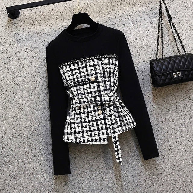 Large size women's clothing design sense niche houndstooth fashion suit women's 2023 spring new small two-piece suit