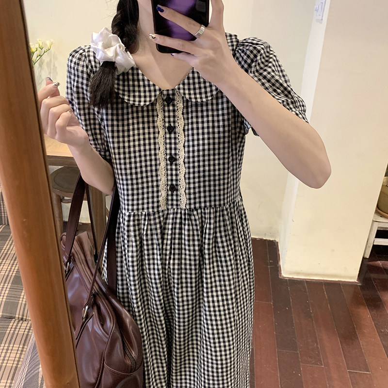 French doll collar new maternity dress summer black and white plaid top hot mom summer short-sleeved medium-long version thin