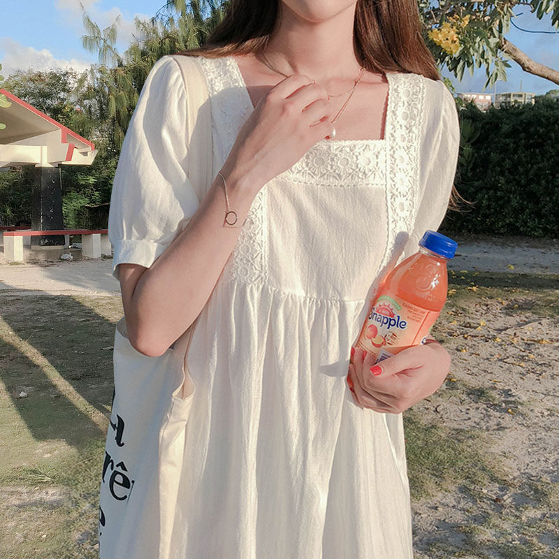 Pregnant summer cotton and hemp skirt fashion hot mom square collar medium and long version of summer short-sleeved top small dress season