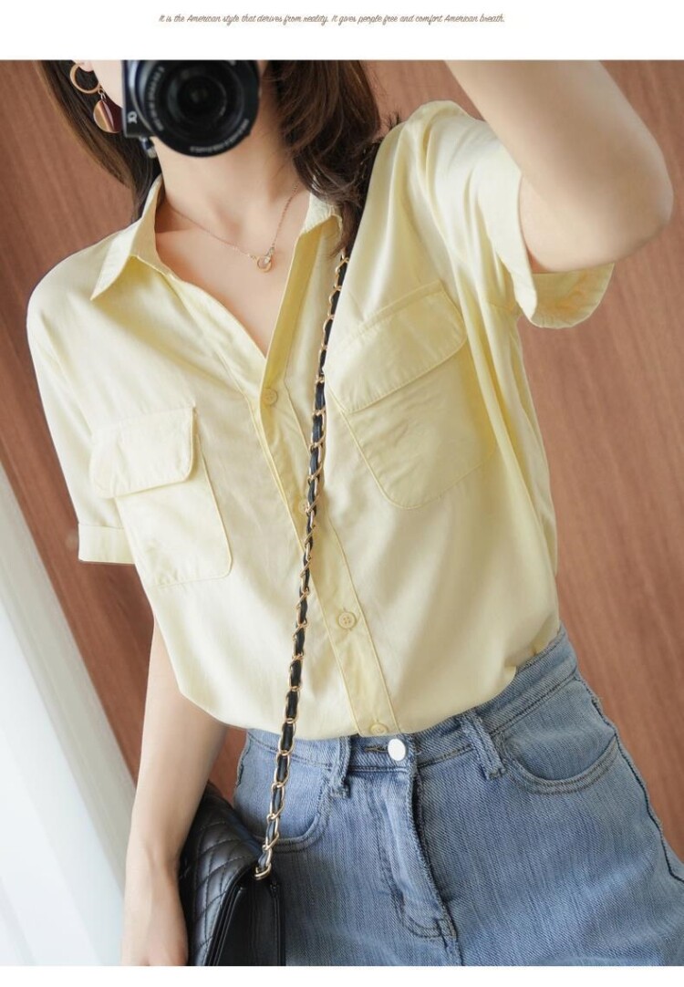 карманный платок 棉短袖衬衫女夏季新款韩版气质polo领宽松百搭v领白衬衣上口袋巾