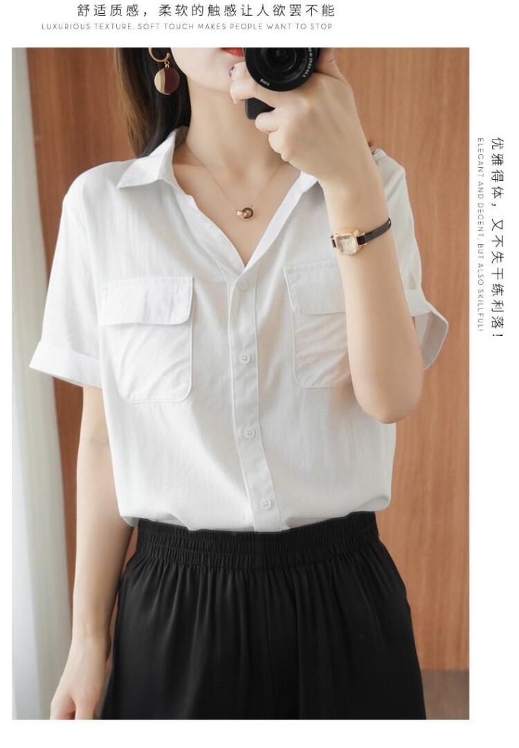 карманный платок 棉短袖衬衫女夏季新款韩版气质polo领宽松百搭v领白衬衣上口袋巾