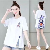 @ clothes girl dress wearing a humbling sound the same cartoon Little rabbit mid-length open fork T-shirt female summer short sleeve 100 lap width