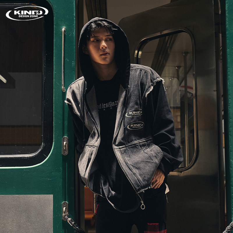 KKDZ Original design personality splicing wool edges Lianhood denim jacket boys spring and autumn loose fashion jacket 