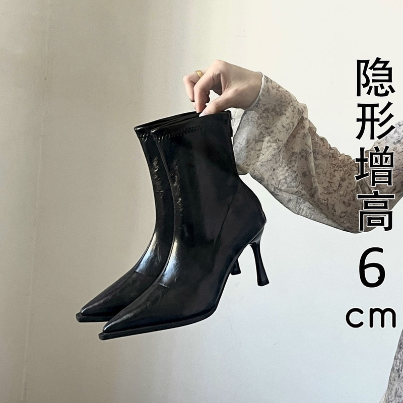British Genuine Leather Pointed-Toe Short Boots for Women 2026 New Autumn and Winter Versatile Height-Increasing Elastic Slim Boots Black High-Heeled Ankle Boots British Genuine Leather Pointed-Toe Short Boots for Women 2026 New Autumn and Winter Versatile Height-Increasing Elastic Slim Boots Black High-Heeled Ankle Boots