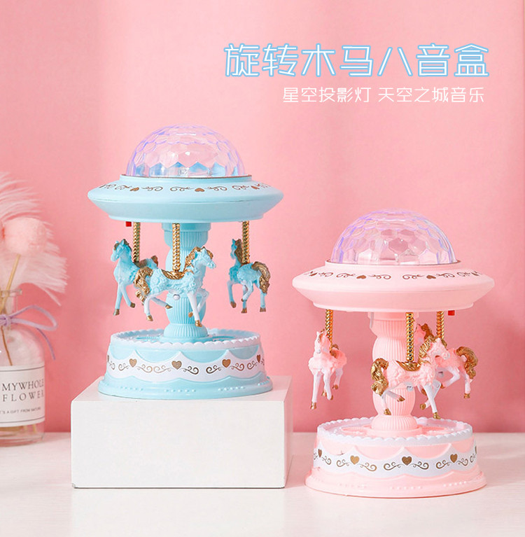 Eight-tone Box Swivel Trojan Music Box Birthday Gift Girl Sky City Creative Starry Sky Projection Luminous Toy-Taobao
