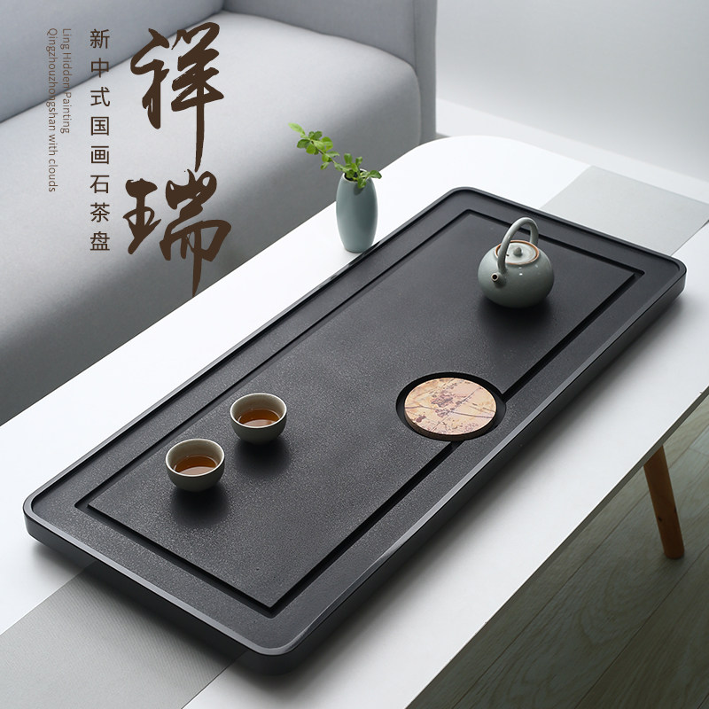 Natural Urgin Stone Tea Tray Country Painting Stone Domestic Minimalist Boutique Large Number Drainage Tea Desk Creative Chinese Tea Sea Tea Set