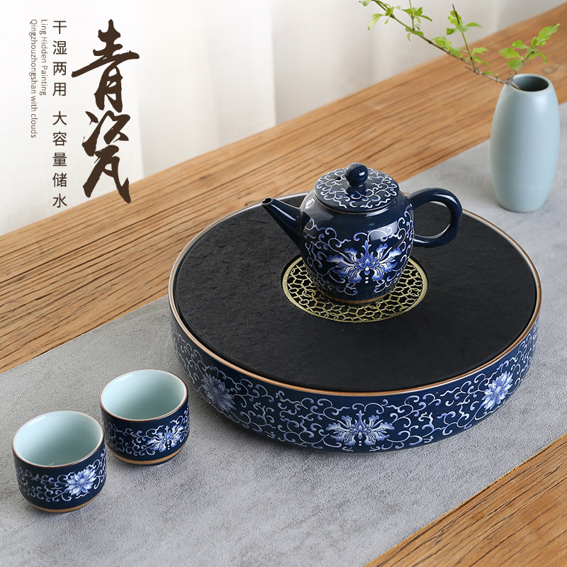 Round tea tray home black gold stone tea table small water storage dry bubble table modern minimalist stone tea sea tray set