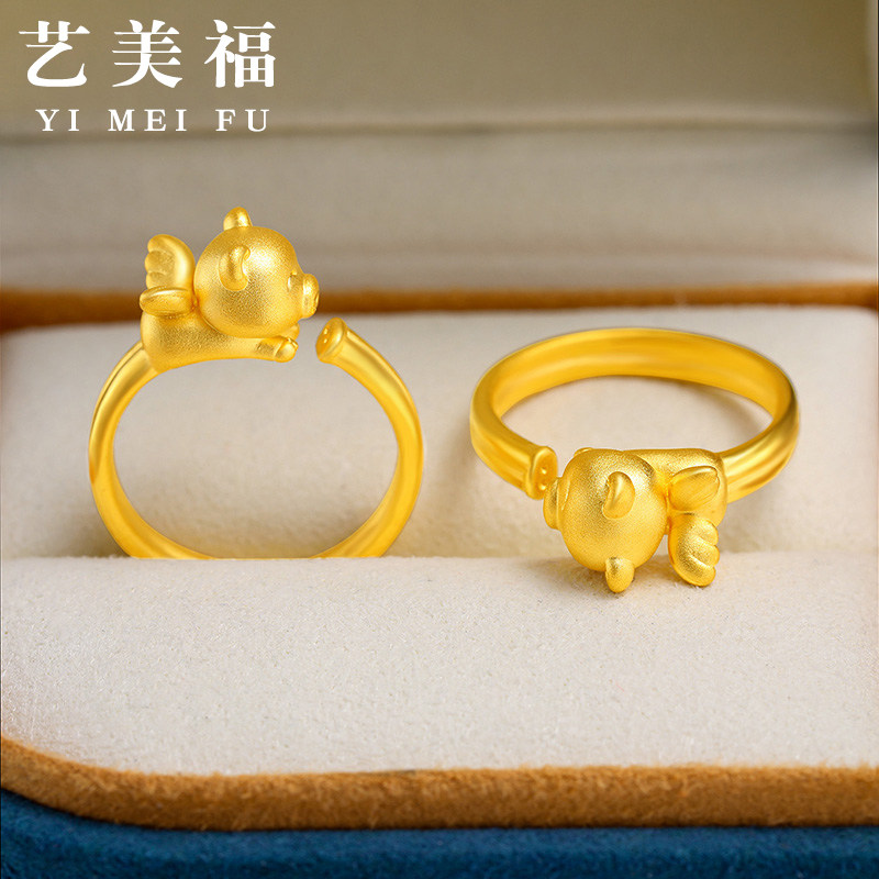 999 foot gold gold piglet ring female 3D hard pure gold open tail ring transfer beads zodiac is pig