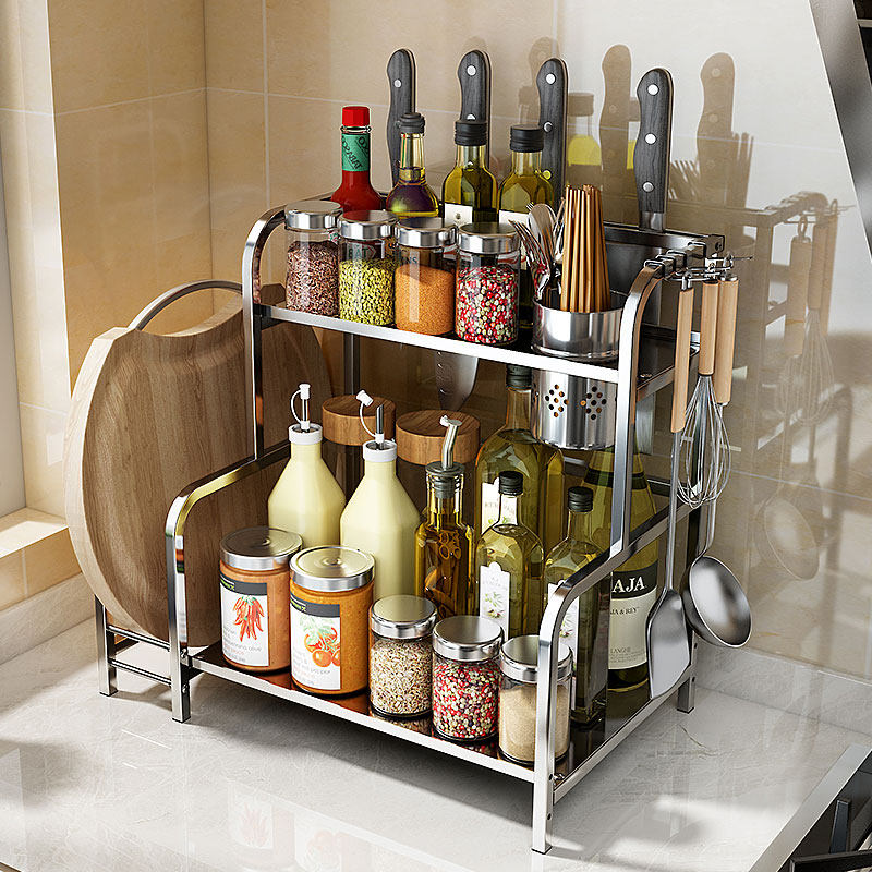 Kitchen shelf countertop kitchenware supplies large stainless steel double-deck multi-functional floor-to-ground cutter frame